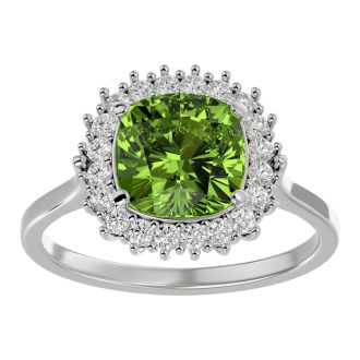 3 Carat Cushion Cut Peridot and Halo Diamond Ring In 14K White Gold