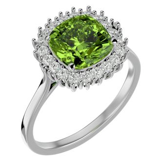 3 Carat Cushion Cut Peridot and Halo Diamond Ring In 14K White Gold