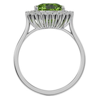 3 Carat Cushion Cut Peridot and Halo Diamond Ring In 14K White Gold