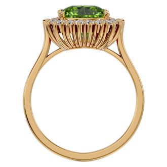 3 Carat Cushion Cut Peridot and Halo Diamond Ring In 14K Yellow Gold