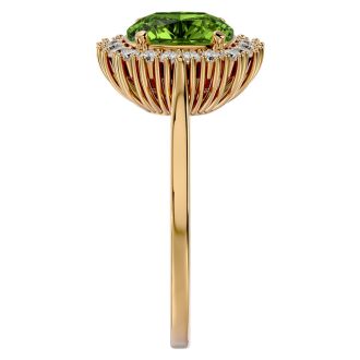 3 Carat Cushion Cut Peridot and Halo Diamond Ring In 14K Yellow Gold