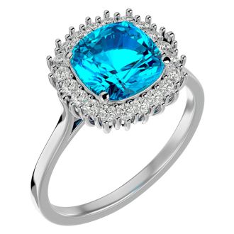 3 Carat Cushion Cut Blue Topaz and Halo Diamond Ring In 14K White Gold
