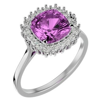 3 Carat Cushion Cut Pink Topaz and Halo Diamond Ring In 14K White Gold