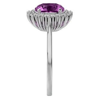 3 Carat Cushion Cut Pink Topaz and Halo Diamond Ring In 14K White Gold