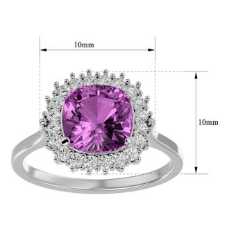 3 Carat Cushion Cut Pink Topaz and Halo Diamond Ring In 14K White Gold