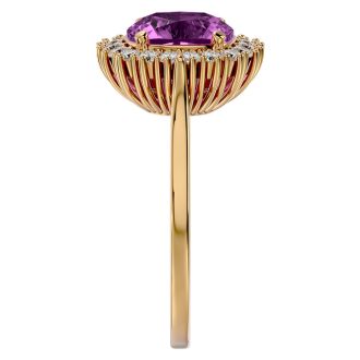 3 Carat Cushion Cut Pink Topaz and Halo Diamond Ring In 14K Yellow Gold