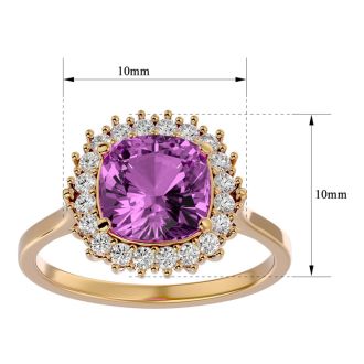 3 Carat Cushion Cut Pink Topaz and Halo Diamond Ring In 14K Yellow Gold