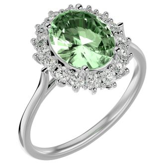 2 3/4 Carat Oval Shape Green Amethyst and Halo Diamond Ring In 14 Karat White Gold