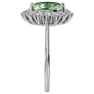 2 3/4 Carat Oval Shape Green Amethyst and Halo Diamond Ring In 14 Karat White Gold