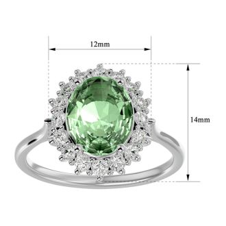 2 3/4 Carat Oval Shape Green Amethyst and Halo Diamond Ring In 14 Karat White Gold