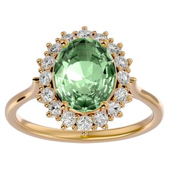 2 3/4 Carat Oval Shape Green Amethyst and Halo Diamond Ring In 14 Karat Yellow Gold