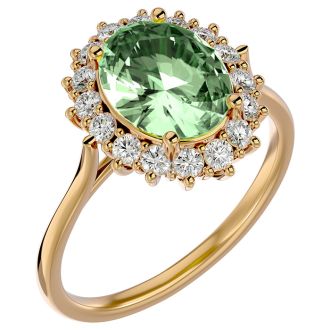 2 3/4 Carat Oval Shape Green Amethyst and Halo Diamond Ring In 14 Karat Yellow Gold