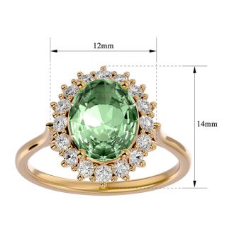 2 3/4 Carat Oval Shape Green Amethyst and Halo Diamond Ring In 14 Karat Yellow Gold