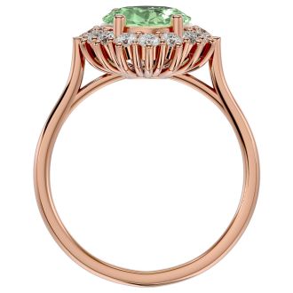 2 3/4 Carat Oval Shape Green Amethyst and Halo Diamond Ring In 14 Karat Rose Gold
