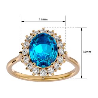 3 3/4 Carat Oval Shape Blue Topaz and Halo Diamond Ring In 14 Karat Yellow Gold