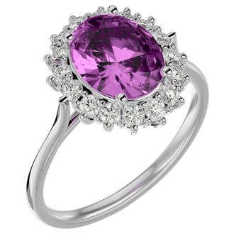 3 3/4 Carat Oval Shape Pink Topaz and Halo Diamond Ring In 14 Karat White Gold