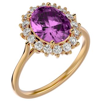3 3/4 Carat Oval Shape Pink Topaz and Halo Diamond Ring In 14 Karat Yellow Gold