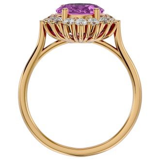 3 3/4 Carat Oval Shape Pink Topaz and Halo Diamond Ring In 14 Karat Yellow Gold