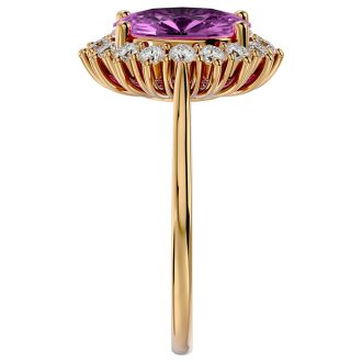 3 3/4 Carat Oval Shape Pink Topaz and Halo Diamond Ring In 14 Karat Yellow Gold