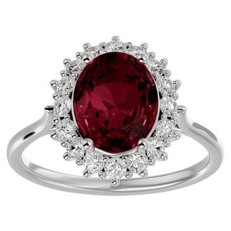Garnet Ring: Garnet Jewelry: 3.60 Carat Oval Shape Garnet and Halo Diamond Ring In 14 Karat White Gold
