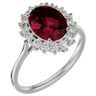 Garnet Ring: Garnet Jewelry: 3.60 Carat Oval Shape Garnet and Halo Diamond Ring In 14 Karat White Gold