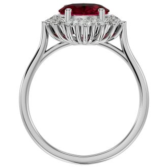 Garnet Ring: Garnet Jewelry: 3.60 Carat Oval Shape Garnet and Halo Diamond Ring In 14 Karat White Gold