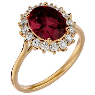 Garnet Ring: Garnet Jewelry: 3.60 Carat Oval Shape Garnet and Halo Diamond Ring In 14 Karat Yellow Gold