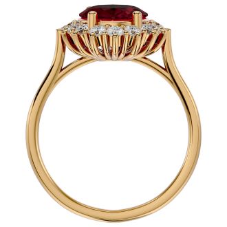 Garnet Ring: Garnet Jewelry: 3.60 Carat Oval Shape Garnet and Halo Diamond Ring In 14 Karat Yellow Gold