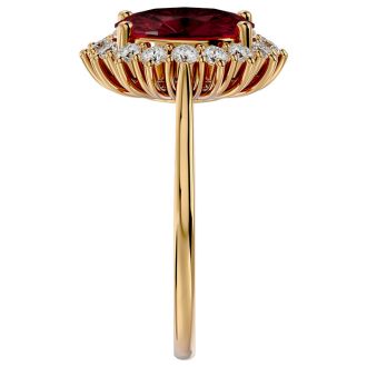 Garnet Ring: Garnet Jewelry: 3.60 Carat Oval Shape Garnet and Halo Diamond Ring In 14 Karat Yellow Gold