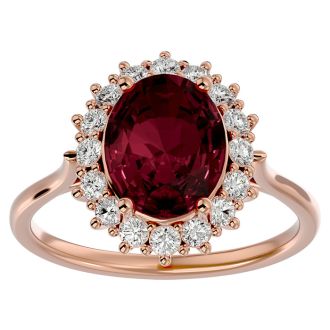 Garnet Ring: Garnet Jewelry: 3.60 Carat Oval Shape Garnet and Halo Diamond Ring In 14 Karat Rose Gold