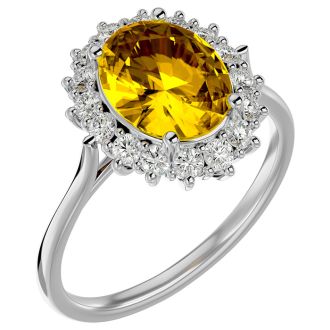 2 3/4 Carat Oval Shape Citrine and Halo Diamond Ring In 14 Karat White Gold