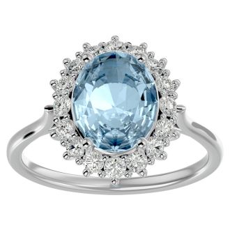 Aquamarine Ring: Aquamarine Jewelry: 2 3/4 Carat Oval Shape Aquamarine and Halo Diamond Ring In 14 Karat White Gold