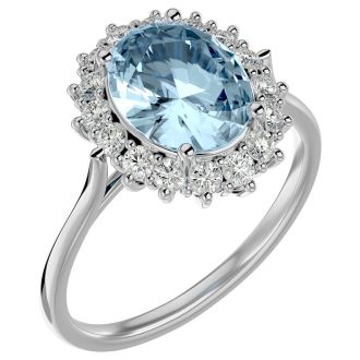 Aquamarine Ring: Aquamarine Jewelry: 2 3/4 Carat Oval Shape Aquamarine and Halo Diamond Ring In 14 Karat White Gold
