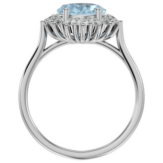 Aquamarine Ring: Aquamarine Jewelry: 2 3/4 Carat Oval Shape Aquamarine and Halo Diamond Ring In 14 Karat White Gold