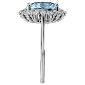 Aquamarine Ring: Aquamarine Jewelry: 2 3/4 Carat Oval Shape Aquamarine and Halo Diamond Ring In 14 Karat White Gold