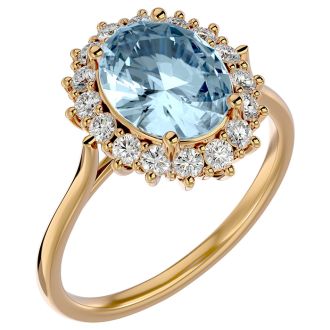 Aquamarine Ring: Aquamarine Jewelry: 2 3/4 Carat Oval Shape Aquamarine and Halo Diamond Ring In 14 Karat Yellow Gold
