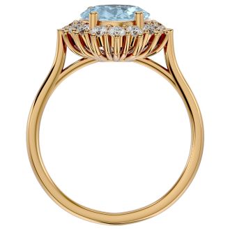 Aquamarine Ring: Aquamarine Jewelry: 2 3/4 Carat Oval Shape Aquamarine and Halo Diamond Ring In 14 Karat Yellow Gold