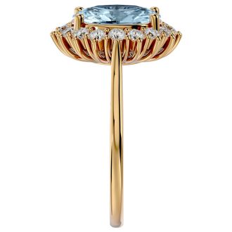 Aquamarine Ring: Aquamarine Jewelry: 2 3/4 Carat Oval Shape Aquamarine and Halo Diamond Ring In 14 Karat Yellow Gold
