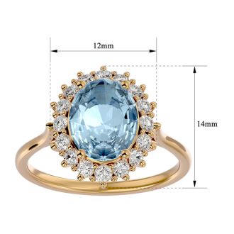 Aquamarine Ring: Aquamarine Jewelry: 2 3/4 Carat Oval Shape Aquamarine and Halo Diamond Ring In 14 Karat Yellow Gold