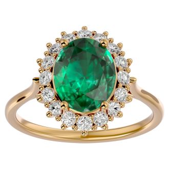 2 3/4 Carat Oval Shape Emerald and Halo Diamond Ring In 14 Karat Yellow Gold