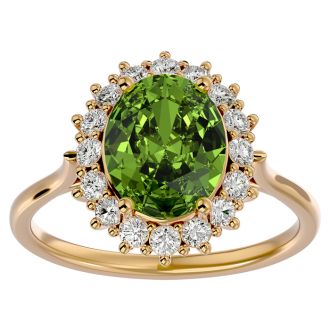 3 Carat Oval Shape Peridot and Halo Diamond Ring In 14 Karat Yellow Gold