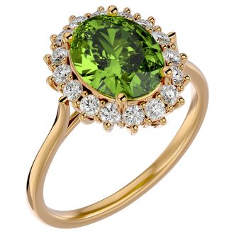 3 Carat Oval Shape Peridot and Halo Diamond Ring In 14 Karat Yellow Gold