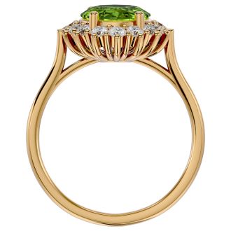 3 Carat Oval Shape Peridot and Halo Diamond Ring In 14 Karat Yellow Gold