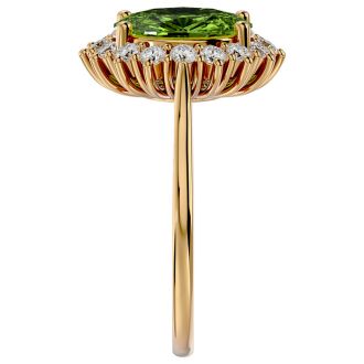 3 Carat Oval Shape Peridot and Halo Diamond Ring In 14 Karat Yellow Gold