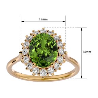 3 Carat Oval Shape Peridot and Halo Diamond Ring In 14 Karat Yellow Gold