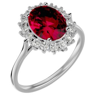 3.60 Carat Oval Shape Ruby and Halo Diamond Ring In 14 Karat White Gold