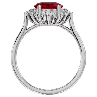 3.60 Carat Oval Shape Ruby and Halo Diamond Ring In 14 Karat White Gold