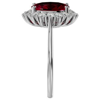3.60 Carat Oval Shape Ruby and Halo Diamond Ring In 14 Karat White Gold