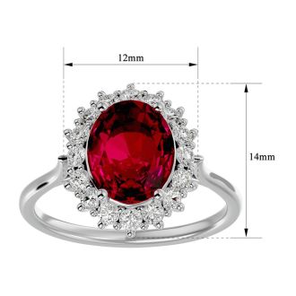 3.60 Carat Oval Shape Ruby and Halo Diamond Ring In 14 Karat White Gold
