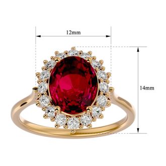 3.60 Carat Oval Shape Ruby and Halo Diamond Ring In 14 Karat Yellow Gold